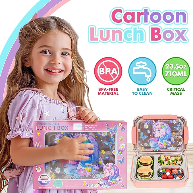 Stainless Steel Bento Lunch Box for Kids, 710ml/23.5oz BPA-Free Leak-Proof Food Containers with 3 Compartments, Back to School Students Daycare Lunches Snack Container Size for Ages 3-7