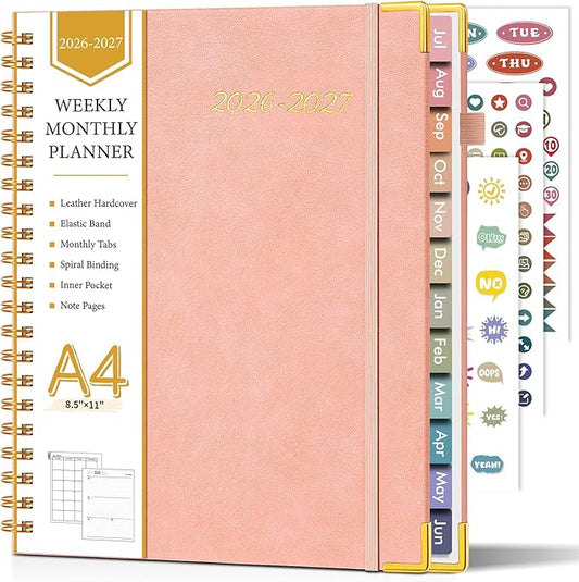 Academic Planner 2026-2027, Hardcover Leather Weekly and Monthly Calendar Planner from July 2026 - June 2027, A4 8.5" x 11" Daily Agenda with Tabs, College School Organizer for Student Teacher, Pink