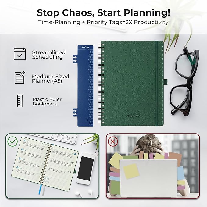 Planner 2026-2027 Daily Weekly and Monthly,8.5"x6.5",18 Months Spiral Bound Calendar Agenda with Self-adhesive Pen Holder,2026 Academic Plan with Vegan Leather Soft Cover,Green