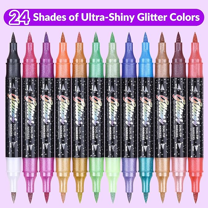 KEMYR Glitter Effect Brush Markers Pens,24 Colors Dual Tip Glitter Pens Set 12 Pack Metallic Sparkle Markers for Cards, DIY Crafts, Doodle, Writing, Adults Coloring Books, Art Supplies Scrapbooking
