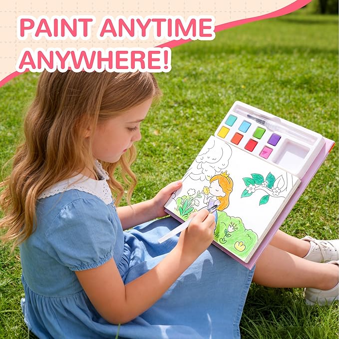 YPLUS Paint with Water Coloring Book for Toddlers, Mess Free Watercolor Painting Set with Brush, 26 Pages & 8 Color Palettes, DIY Art Craft Travel Toy Gift for Kids Ages 1-3 2-4 4-6 (Princess)
