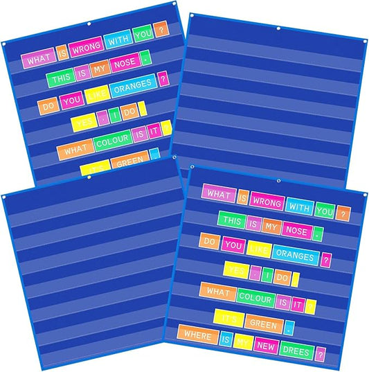 Gilprop 4 Pack 28" x 28" Standard Pocket Chart for Classroom, 7 Clear Calendar Pocket Chart for Homeschool Teaching Supplies for Word, Sentence, Cards, Calendar, Daily Schedule(Blue)