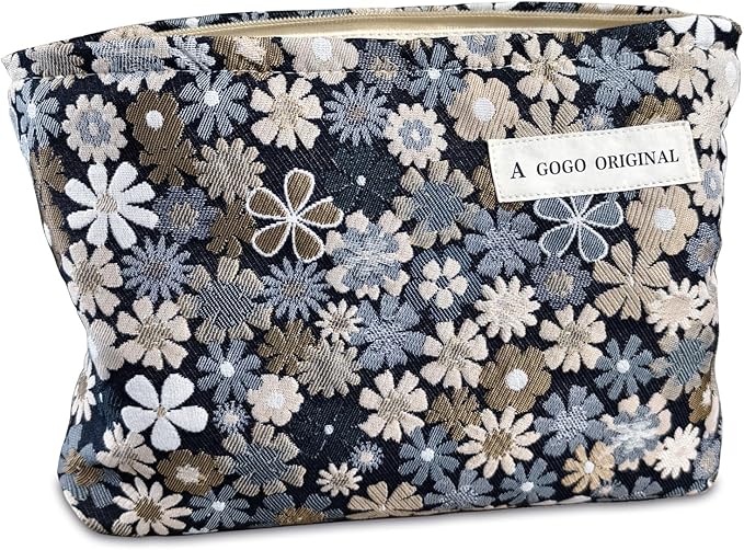 STARDW Cute Floral Makeup Bag Organizer Travel Cosmetic Pouch for Women | Aesthetic Cosmetic Bag with Zipper, Large Capacity Travel Toiletry Bag, Purse Organizer Pouches, Canvas Lining