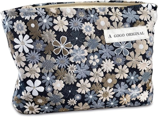 STARDW Cute Floral Makeup Bag Organizer Travel Cosmetic Pouch for Women | Aesthetic Cosmetic Bag with Zipper, Large Capacity Travel Toiletry Bag, Purse Organizer Pouches, Canvas Lining