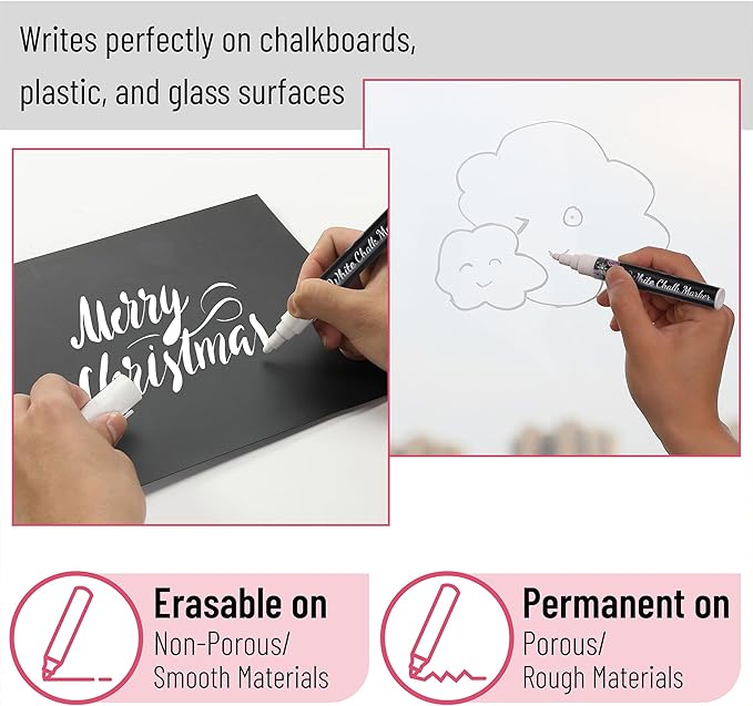 Mr. Pen- Liquid Chalk Marker Pen, 4 Pack, Assorted Size Tip, White Non-Toxic Odorless Chalk Markers, Reversible Chisel & Bullet Tip, Ideal for Non-Porous Chalkboards, Chalkboard Vinyl, Glass & Metal