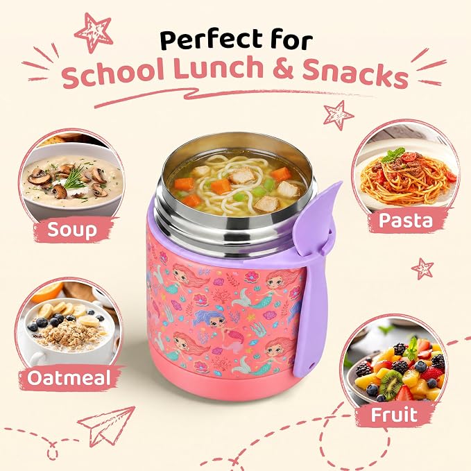 Pawtong 10oz Soup Thermo for Hot Food Kids Insulated Food Jar,Thermo Hot Food Lunch Container, Width Mouth Stainless Steel Lunch Box for Kids with Spoon (Pink-mermaid)
