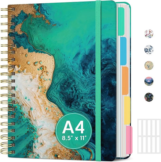 Large Lined Spiral Journal for Women Cute Hardcover 5 Subject Notebook for Work 8.5" x 11" with Removable Dividers & Tabs, College Ruled, 280 Pages Aesthetic Journal for Work, School & Note Taking, Emerald Shores