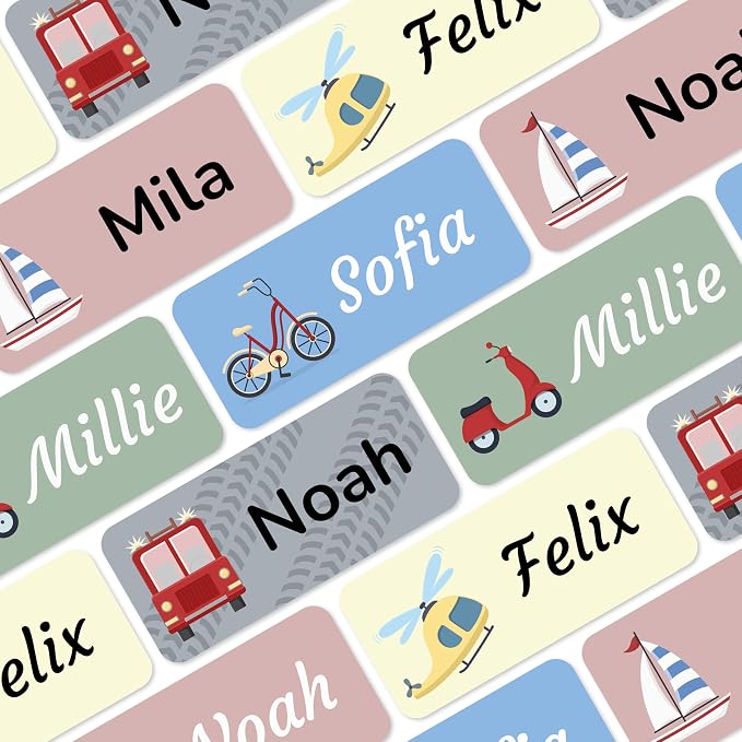Personalized Name Labels for Kids (210), Custom Daycare Labels - Waterproof Name Stickers for Clothing, Bottles and Other School Supplies (1.2” x 0.5”) - Vehicles