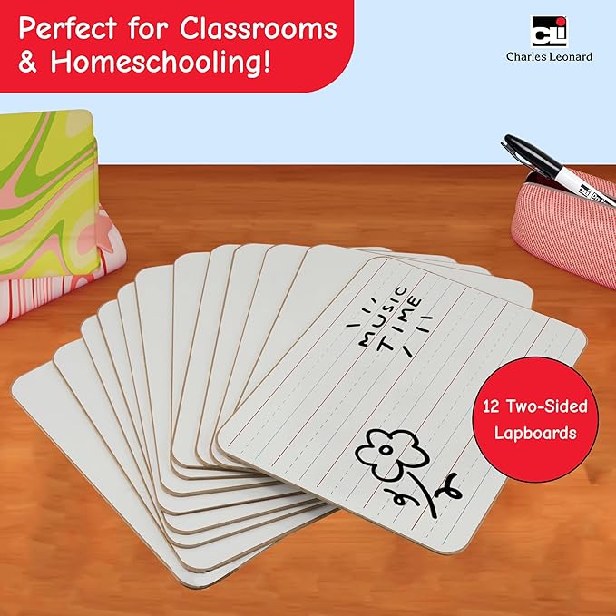 Charles Leonard Dual-Side Mini Dry Erase Boards, Classroom Pack of Mini Lapboards, Set of 12, Plain and Lined Sided Dry Erase White Boards, 9x12 Inches (35120)