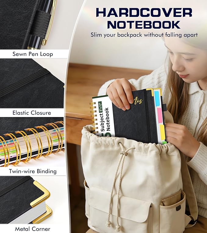 5 Subject Spiral Notebook Journal with Removable Dividers Tabs, 300 Pages Organizer Notebooks for Work School, 8"x10" Hardcover Leather Notebook College Ruled, Large Lined Journal for Women Men,Black