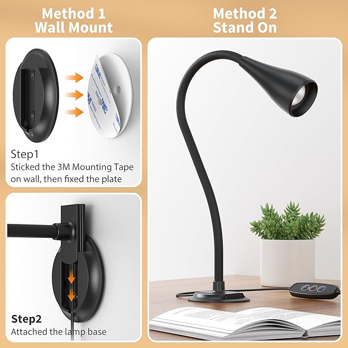 Book Light for Reading at Night in Bed, Wall Mount Reading Light for Bedside,Headboard, Eye Care LED, 5 Color & Brightness Dimmable, Flexible Gosseneck, 2 Pack