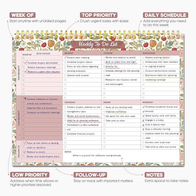 Taja Weekly To Do List Notepad with 52 Undated Sheets（8.5"×11"）- Weekly Desk Planner for Women & Man, Work and Home - 1 Pack Cherry Orchard