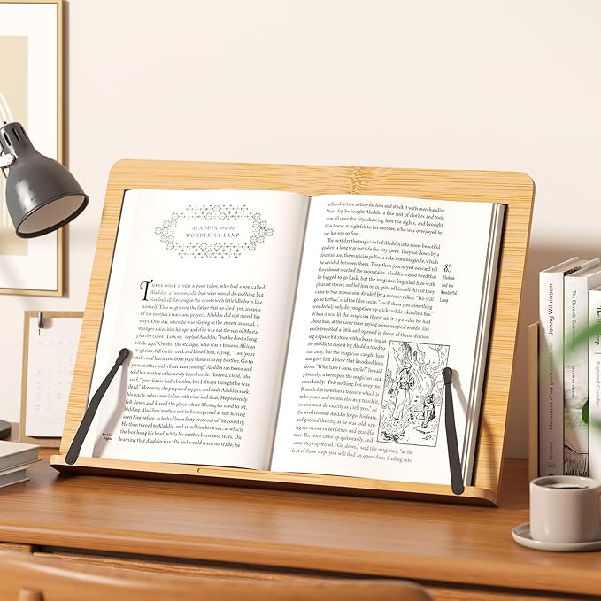 Bamboo Book Stand, Adjustable Reading Holder with Page Clips, Portable Lightweight Desk Stand for Textbooks, Cookbooks (Large)