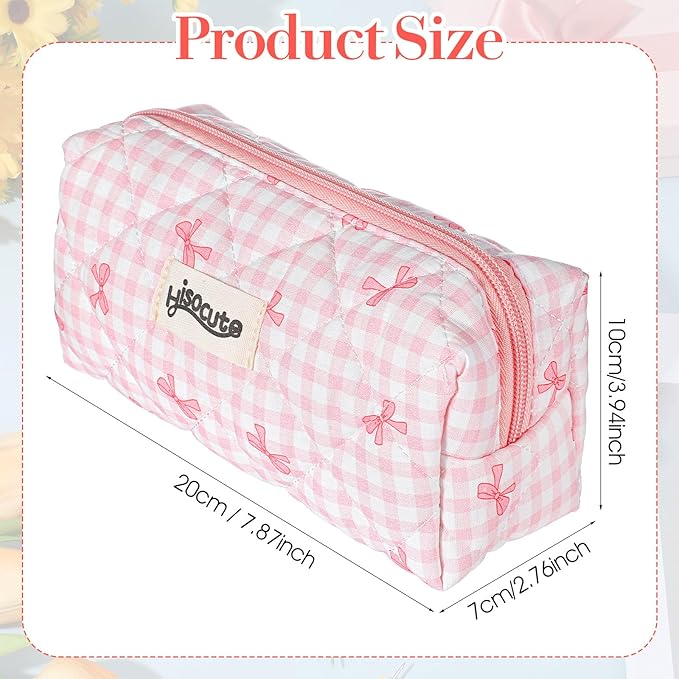 Ymapinc Pink Pencil Pouch, Soft Zipper Bow Bag, Cute Pink White Aesthetic Zipper Checkered Quilted Pencil Case for Women Ideal Makeup Bag