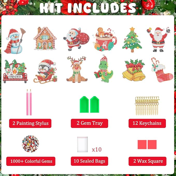 12 Pieces Christmas Diamond Art Keychains Kits- Christmas Crafts for Adults - Arts and Crafts - Make Your Own Diamond Ornaments Painting Gift for Family Decor
