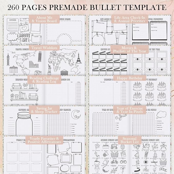 Everloria Premade Dotted Journal Notebook, 12 Months Pre-made Bullet Templates, 260 Hand-Drawn Coloring Pages, Undated Weekly & Monthly Planner, 7.8"x9.3" Leather Dot Grid Habit Mood Tracker