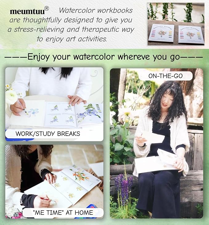 Watercolor Workbook for Beginners - Water Colors Paint Adult Set Including Video and Step by Step Tutorials,12 Flowers Water Coloring Book，300GSM Bleed-Resistant Paper，Relaxing Art Gift for Adults (Floral without Paints)