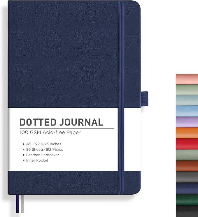 RETTACY Dotted Journal Notebook, 192 Pages, A5 Medium Size (5.7'' x 8.3''), Leather Hardcover, 100 GSM Thick Paper, for Journaling, Planning, Tracking (Navy Blue)