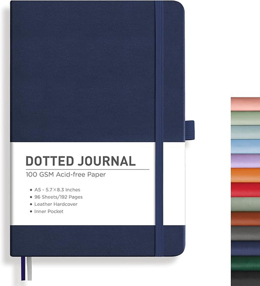 RETTACY Dotted Journal Notebook, 192 Pages, A5 Medium Size (5.7'' x 8.3''), Leather Hardcover, 100 GSM Thick Paper, for Journaling, Planning, Tracking (Navy Blue)