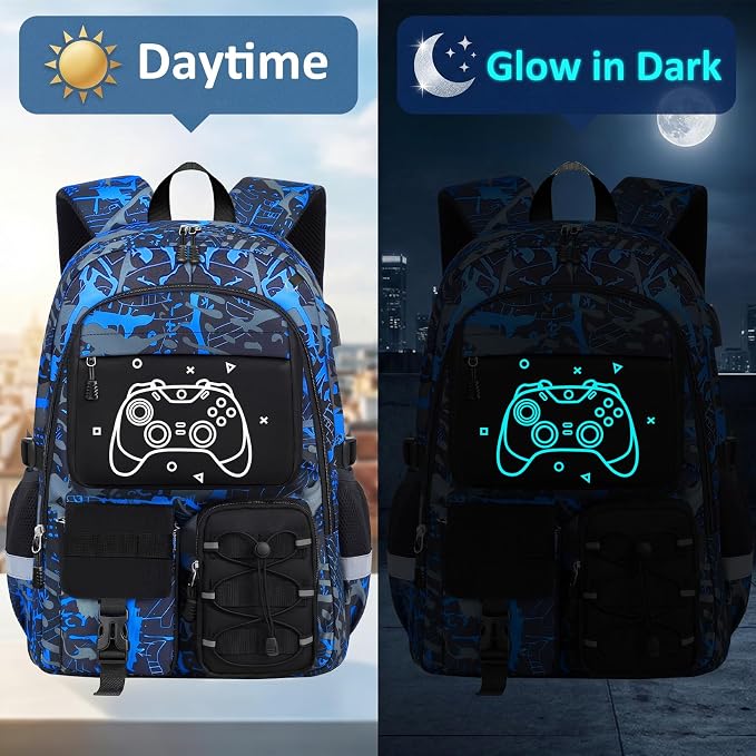School Backpack for Boys - 4pcs Gamer Boys Backpack with Lunch Box Set for Kids Teens Elementary Middle High School,18″ Large Capacity Students Bookbag with Usb Charging Port & Key-chain