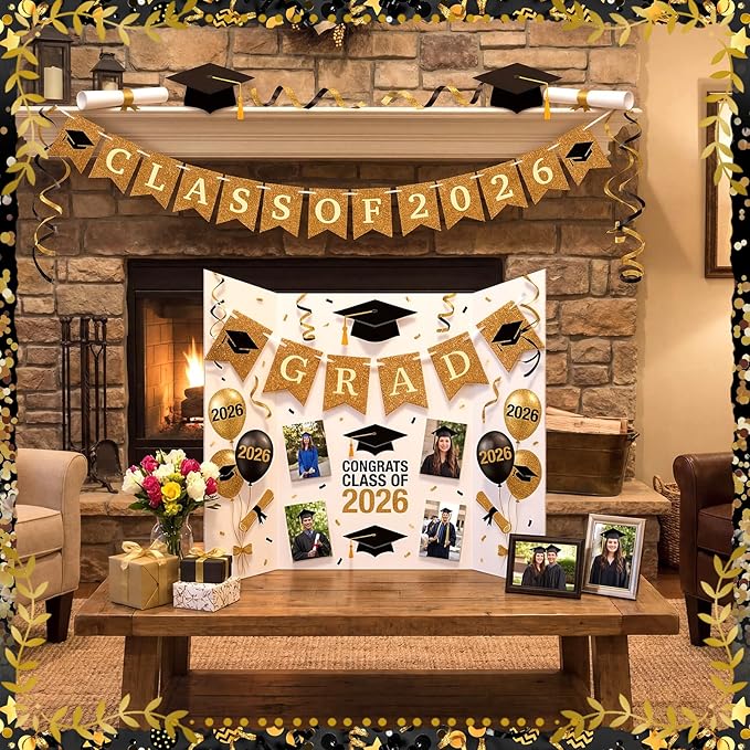 Eaasty 4 Pack Graduation Photo Display Board Decoration 24 X16 Inch Trifold Poster Board with Banners White Trifold Picture Display for Table Decor Class of 2026 Grad Party Collage Frame Supplies
