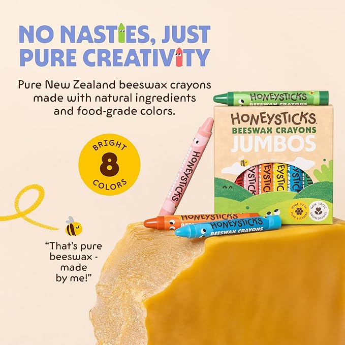 Honeysticks Jumbo Crayons (8 Pack) - Non Toxic Crayons - 100% Pure Beeswax and Food Grade Colors - 8 Bright Colors - Large, Easy to Hold and Use - Preschool Art Supplies for Toddlers/Kids 3-5, 4-8