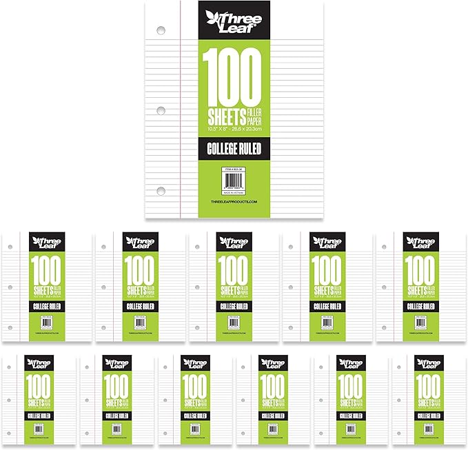 THREE LEAF 100 SHEETS COLLEGE RULED FILLER PAPER, PACK OF 12, LOOSE-LEAF SHEETS FOR SCHOOL AND OFFICE 100 CT. FILLER PAPER, NOTEBOOK PAPER