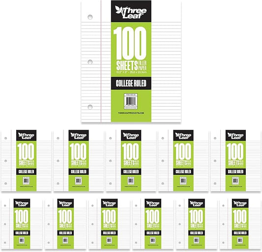 THREE LEAF 100 SHEETS COLLEGE RULED FILLER PAPER, PACK OF 12, LOOSE-LEAF SHEETS FOR SCHOOL AND OFFICE 100 CT. FILLER PAPER, NOTEBOOK PAPER