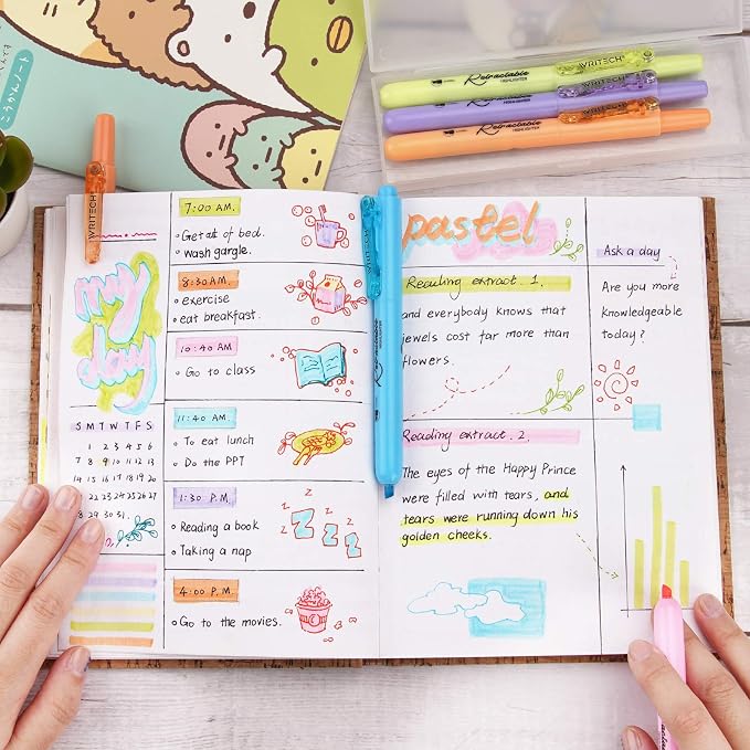 WRITECH Retractable Highlighters Assorted Colors: Chisel Tip 6ct Pastel Set | Aesthetic Pens Pack Multi Colored Ink No Bleed & Smear for Highlighting Journaling Drawing Coloring Note-taking Home Office