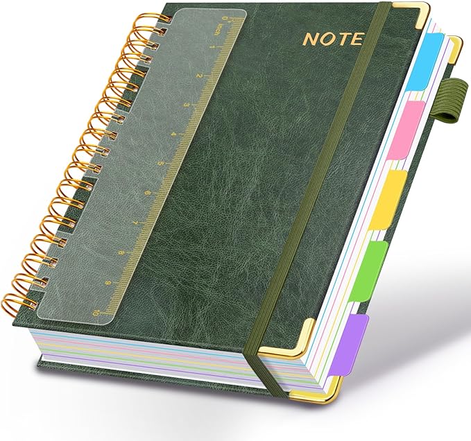 Hardcover Spiral Notebooks for Work 8.5''x 11'', 300 Pages 5 Subject Notebook with Dividers & Tabs, A4 Spiral Journal for Women, College Ruled Notebooks for School Note-Taking (Green)