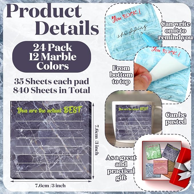 Yinder 24 Pcs Inspirational Sticky Notes Cute Motivational Sticky Notes Pad End of Year Employee Appreciation Gifts Bulk for Teacher Nurse Coworkers Office Supplies 3 x 3'' (Appreciation,Marble Color)