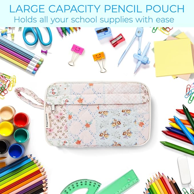 WOBAGMEN Quilted Pencil Pouch for Girls Women, Large Pencil Case Pouch with Compartments Cute Aesthetic Pencil Case Organizer, Floral Pencil Bag for School Supplies (coloful blue)