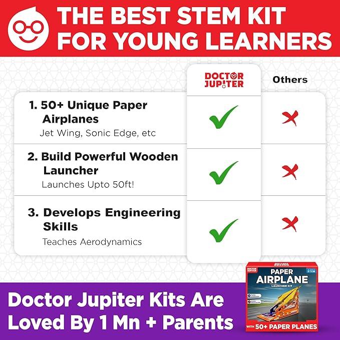 Doctor Jupiter Paper Airplane Book Kit with Launcher for Kids Ages 6+ | STEM Toys, Birthday Gift Ideas for 6,7,8,9,10,11,12 Year Old Boys | DIY Craft Activities, 50+ Paper Airplanes