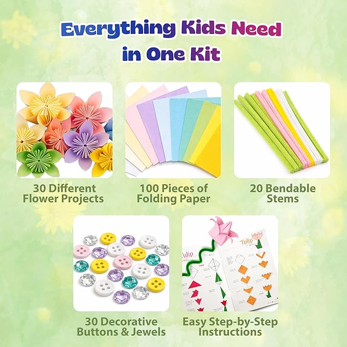 Pinwheel Crafts Flower Origami Kit for Kids Ages 8-12 | 150 Pcs Origami Paper Kit w/Spring Color Folding Papers,Easter Crafts, Chenille Stems,Buttons and Jewels, Arts and Crafts Paper Book for Kids