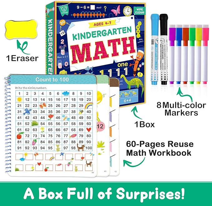 Preschool Learning Activities 60 Reusable Pages -Number Tracing Book for Kids 3,4,5,6 Years Old -Builds Addition & Subtraction, PreK Kindergarten Math Workbook, Learning Toy Gift for Toddler