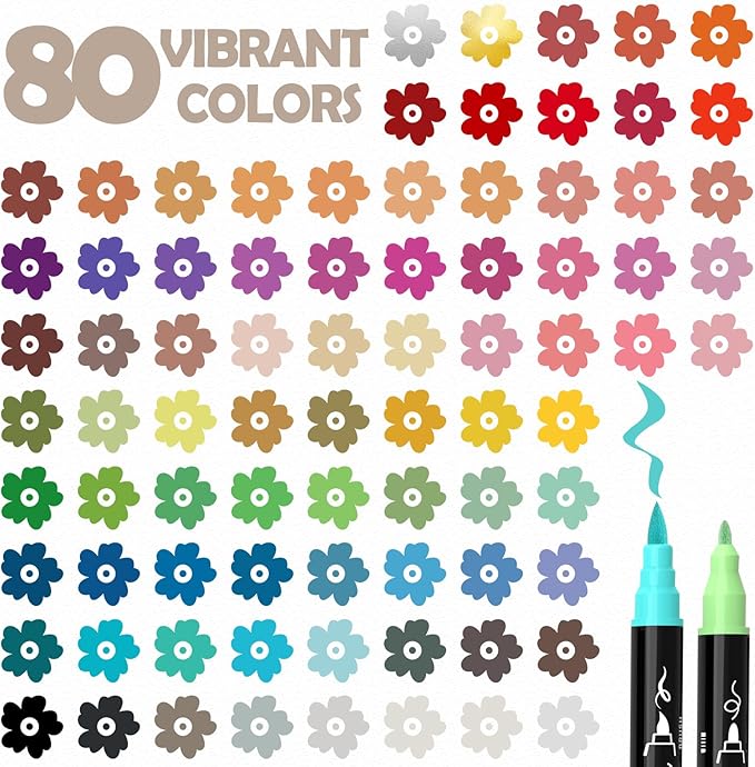 TOSHARE 80 Colors Acrylic Paint Markers, Brush & Fine Dual Tip Acrylic Paint Pens for Rock, Wood, Paper, Fabric, Canvas, Glass, Ceramic, Egg, Scrapbook and DIY Crafts Supplies Art Gifts