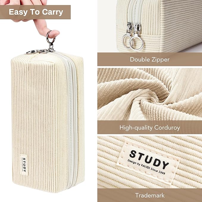 KALIDI Large Pencil Case Corduroy Pencil Pouch Box Cute School Supplies for Teen Girls Boys, Beige