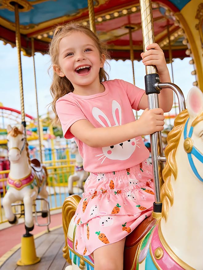 Little Girls Skirt Set - 2 Piece Short Sleeve Top Shirred Tiered Skirt Outfit Girls Spring Summer Clothes 3-8 Years