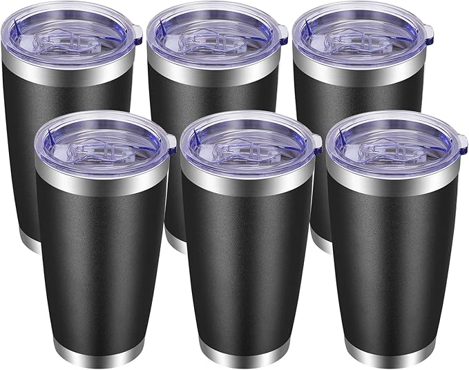 VEGOND 20oz Tumbler with Lid and Straw Stainless Steel Tumbler Cup Bulk Vacuum Insulated Double Wall Travel Coffee Mug Powder Coated Coffee Cup, Black, 6 Pack