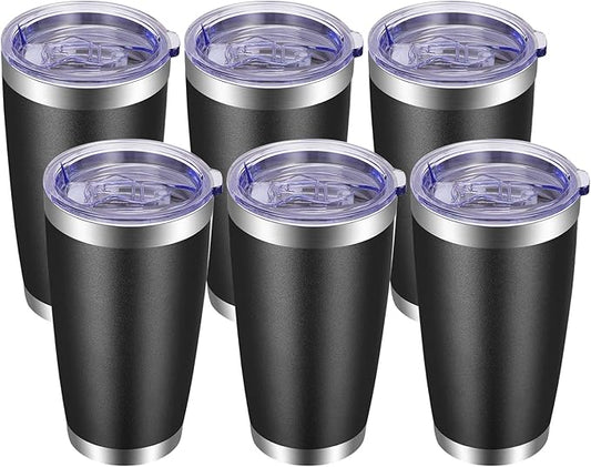 VEGOND 20oz Tumbler with Lid and Straw Stainless Steel Tumbler Cup Bulk Vacuum Insulated Double Wall Travel Coffee Mug Powder Coated Coffee Cup, Black, 6 Pack