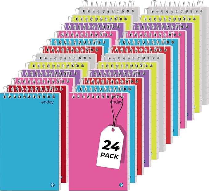 Enday Pocket Notebook, Small Notebooks 3 x 5 Top Bound Small Spiral Notebooks, Memo Pad for Home Office Accessories, 75 Sheets, Mini Notepad in Pink, Purple, Green, Blue, Red, Grey (24 Pack)