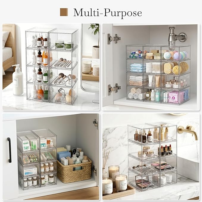 8 Pack Small Clear Stackable Acrylic Storage Boxes for Art Tool & Sketch, Storage Drawers, Storage Organizer, Clear Plastic Makeup Organizer, Ideal for Vanity, Cabinet, Desk Organization