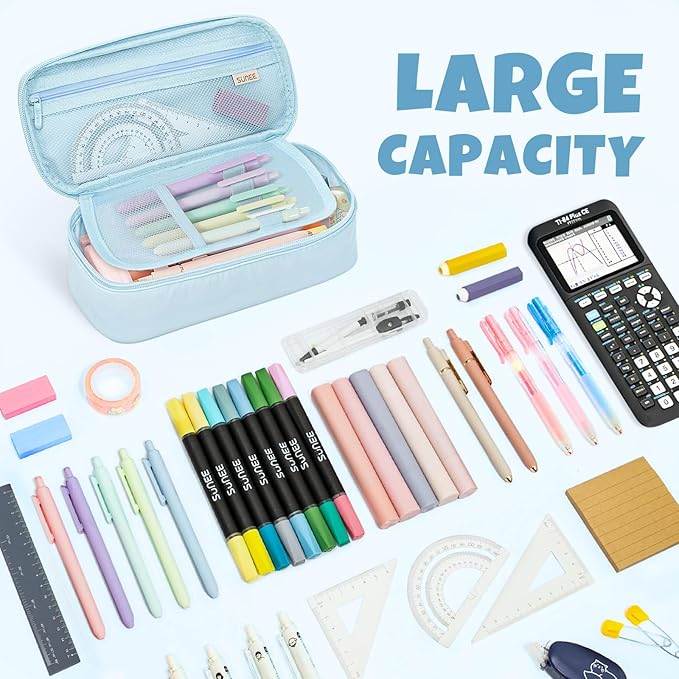 SUNEE Cute Pencil Case, Large Capacity Pencil Pouch, Big Storage Organizer for Stationery, Zipper Pen Bag,Back to School Supplies,Office Water-Repellent Nylon Pencil Bag for Teen Girls Boys,Light Blue