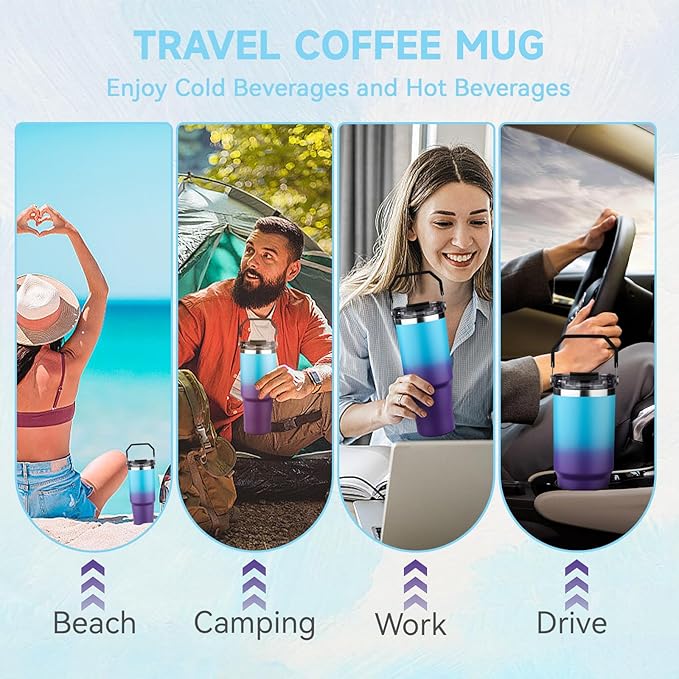 30oz Tumbler with Handle and Flip Straw Lid Double Wall Insulated Travel Coffee Mug Stainless Steel Vacuum Insulated Coffee Tumbler Cup for Hot and Cold Beverages,Leak-proof&BPA-free（30oz,Blue Purple）
