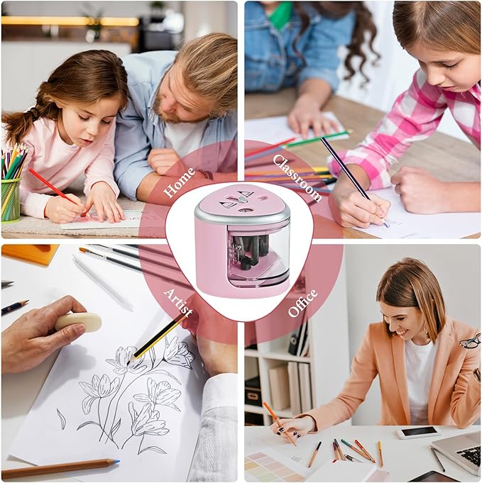 AUAUY Electric Pencil Sharpener with Double Hole, Battery Operated Automatic Sharpener with 2 Extra Knife Holders, for 6-8mm/9-12mm Standard Pencils, Colored Pencils, and Skectch Pencils（Pink）