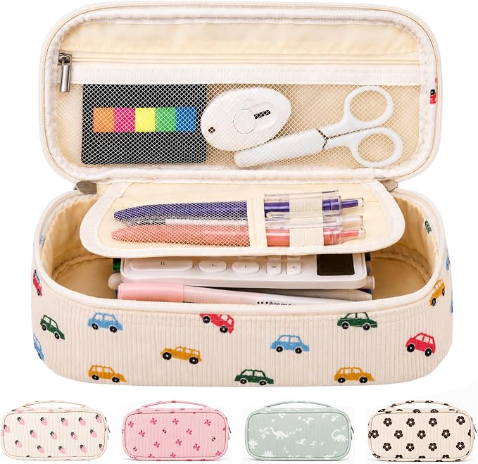 Big Capacity Pencil case,Soft Corduroy Pencil Bag,Cute Pen Case with Handle,5 Compartments, Wide Opening Pen Pouch Organizer for Teen Girls Women (Colorful Car)