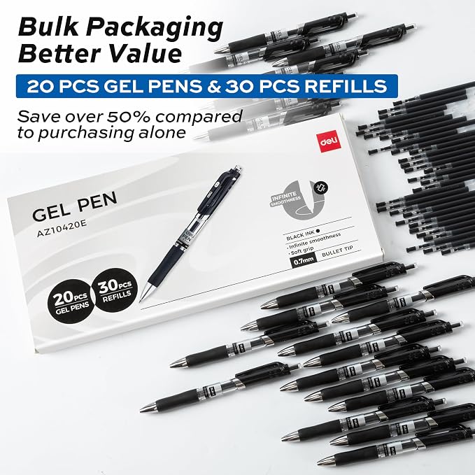 deli Gel Pens, 50 Pcs Retractable Pens Black Ink, 20 Pens with 30 Refills | Medium Point Pen Bulk 0.7mm, Smooth Writing, Fast Dry, No Bleed for Journaling Note Taking, Home School Office Supplies
