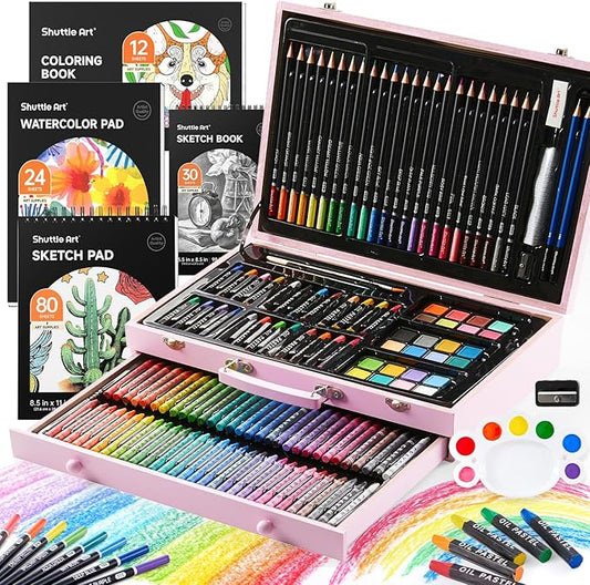 Shuttle Art 149 Piece Deluxe Art Set, Art Supplies in Wooden Case, Painting Drawing Art Kit with Crayons Colored Pencils Oil Pastels Coloring Book Sketch Pad for Kids Adults