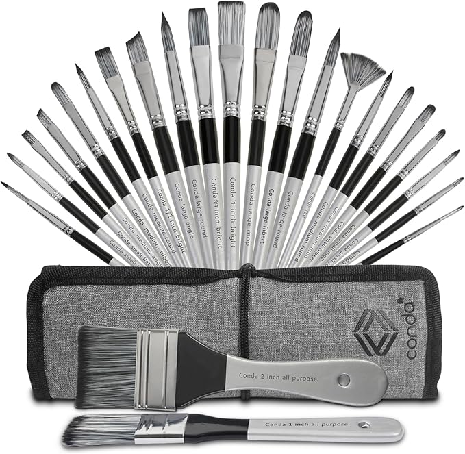 Paint Brushes Set of 24 Pieces, CONDA Different Shapes Wooden Handles Brushes with Art Brush Case, Professional Artist Brushes for Oil, Acrylic Canvas Watercolor Painting Craft