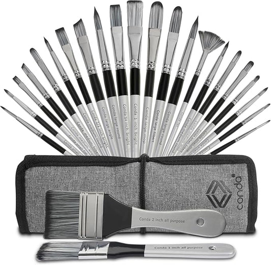 Paint Brushes Set of 24 Pieces, CONDA Different Shapes Wooden Handles Brushes with Art Brush Case, Professional Artist Brushes for Oil, Acrylic Canvas Watercolor Painting Craft